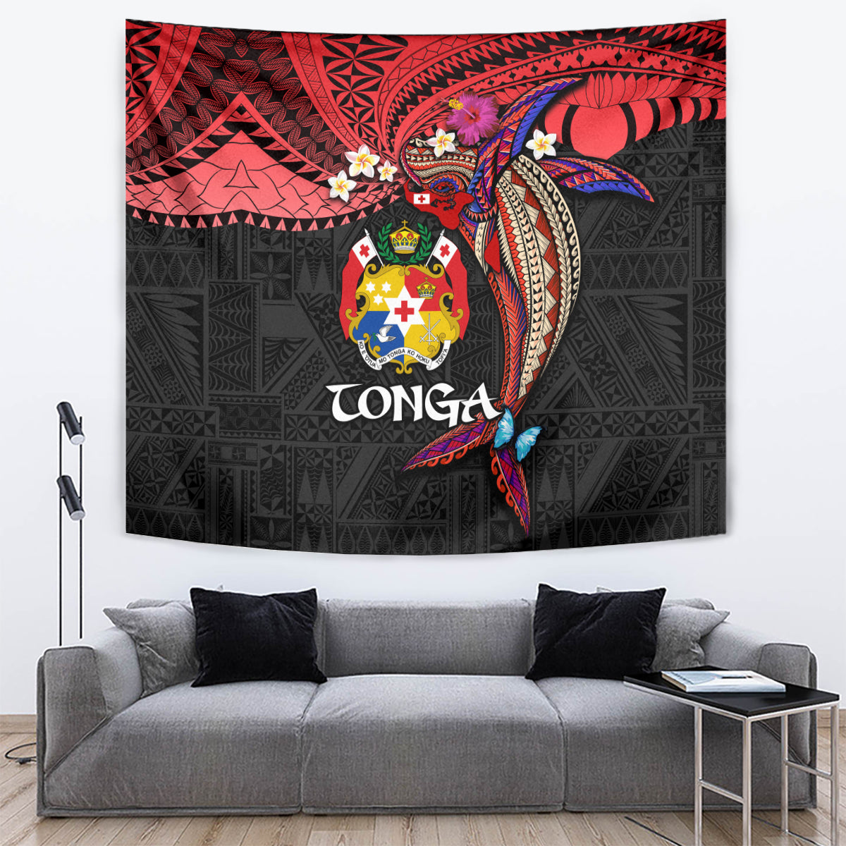 Tonga Emancipation Day Tapestry Ngatu Humpback Whale Polynesian Flower LT03 Black - Polynesian Pride