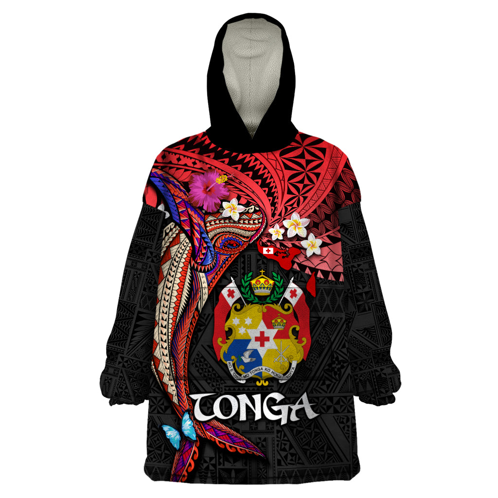 Tonga Emancipation Day Wearable Blanket Hoodie Ngatu Humpback Whale Polynesian Flower LT03 One Size Black - Polynesian Pride