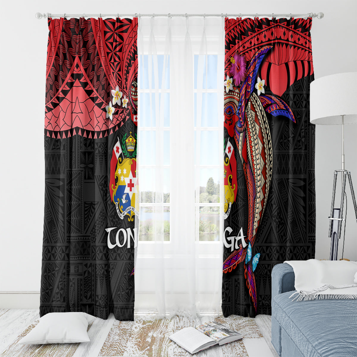 Tonga Emancipation Day Window Curtain Ngatu Humpback Whale Polynesian Flower LT03 - Polynesian Pride