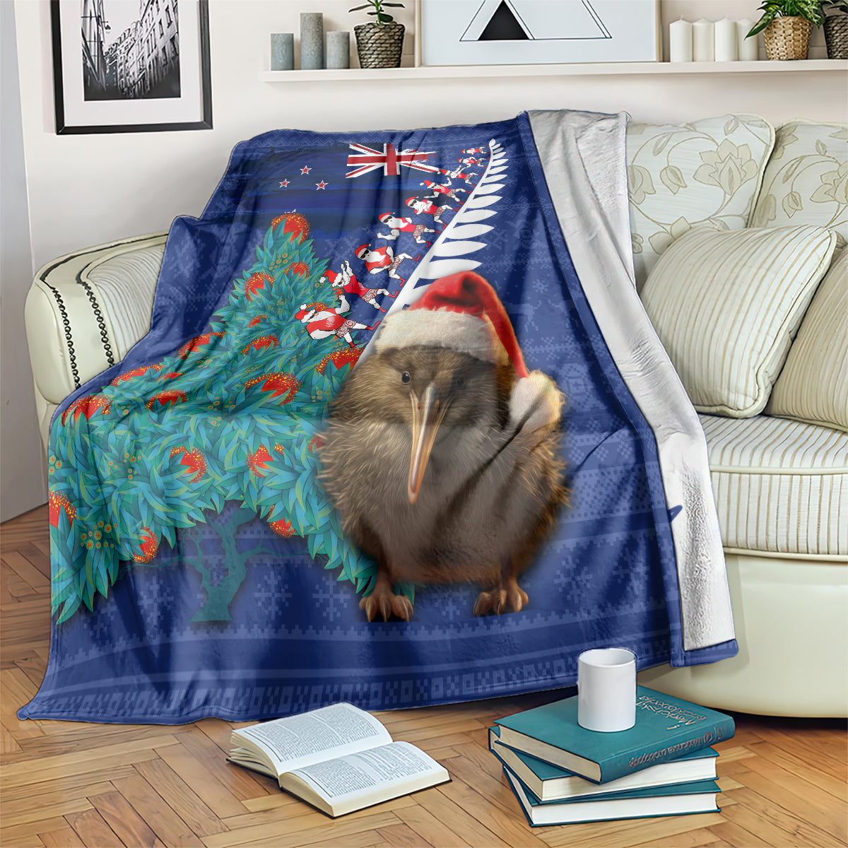 New Zealand Christmas Blanket Kiwi Bird Santa and Silver Fern Funny Haka Dance LT03 Blue - Polynesian Pride