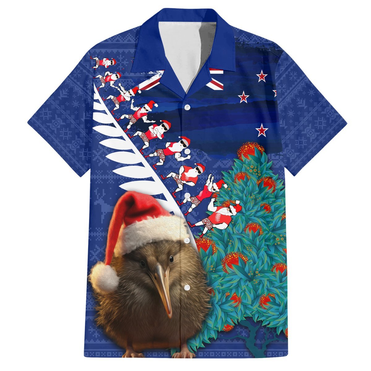 New Zealand Christmas Hawaiian Shirt Kiwi Bird Santa and Silver Fern Funny Haka Dance LT03 Blue - Polynesian Pride