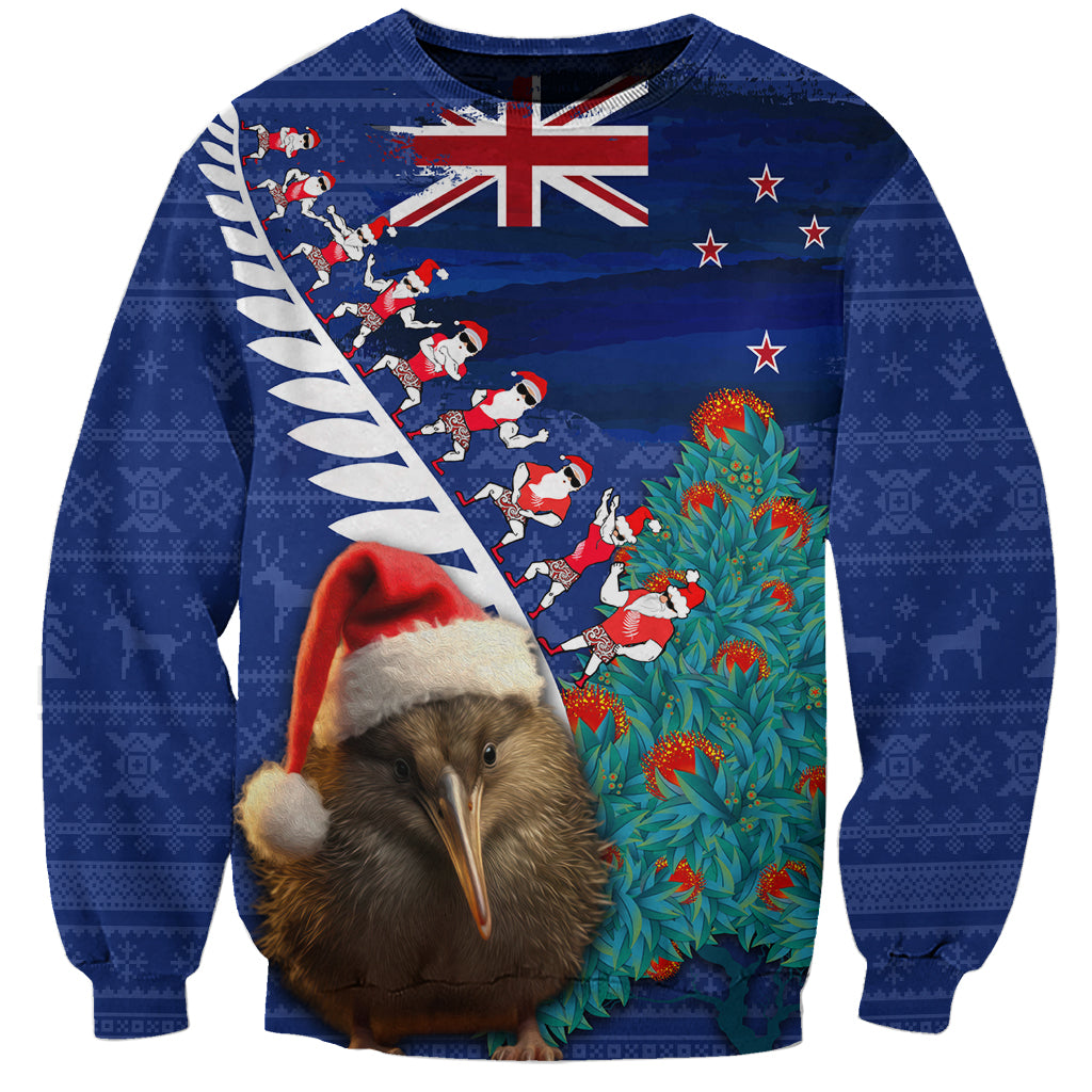 New Zealand Christmas Sweatshirt Kiwi Bird Santa and Silver Fern Funny Haka Dance LT03 Unisex Blue - Polynesian Pride