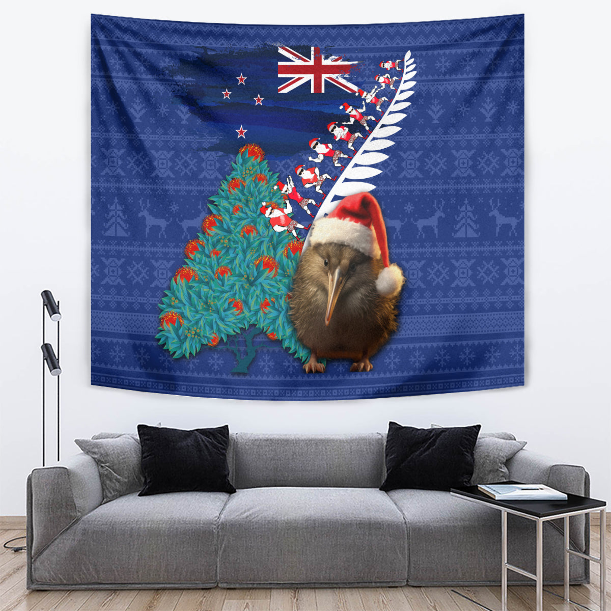 New Zealand Christmas Tapestry Kiwi Bird Santa and Silver Fern Funny Haka Dance LT03 Blue - Polynesian Pride