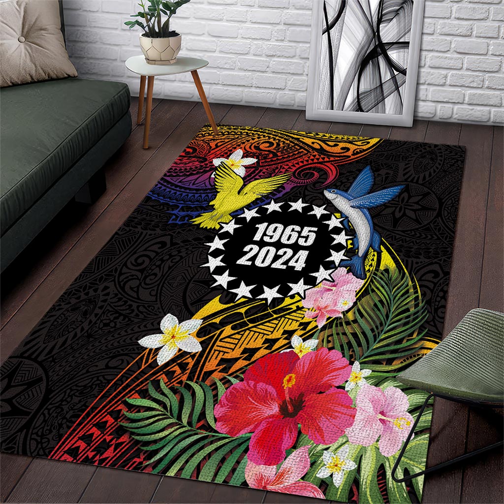 Cook Islands Independence Day Area Rug Maroro and Kakaia with Hibiscus Flower Polynesian Pattern LT03 Black - Polynesian Pride