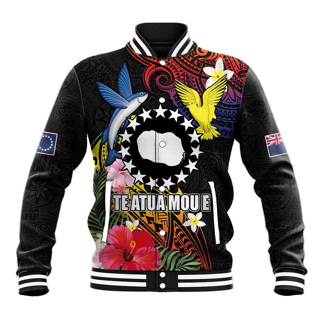 Cook Islands Independence Day Baseball Jacket Maroro and Kakaia with Hibiscus Flower Polynesian Pattern LT03 Unisex Black - Polynesian Pride