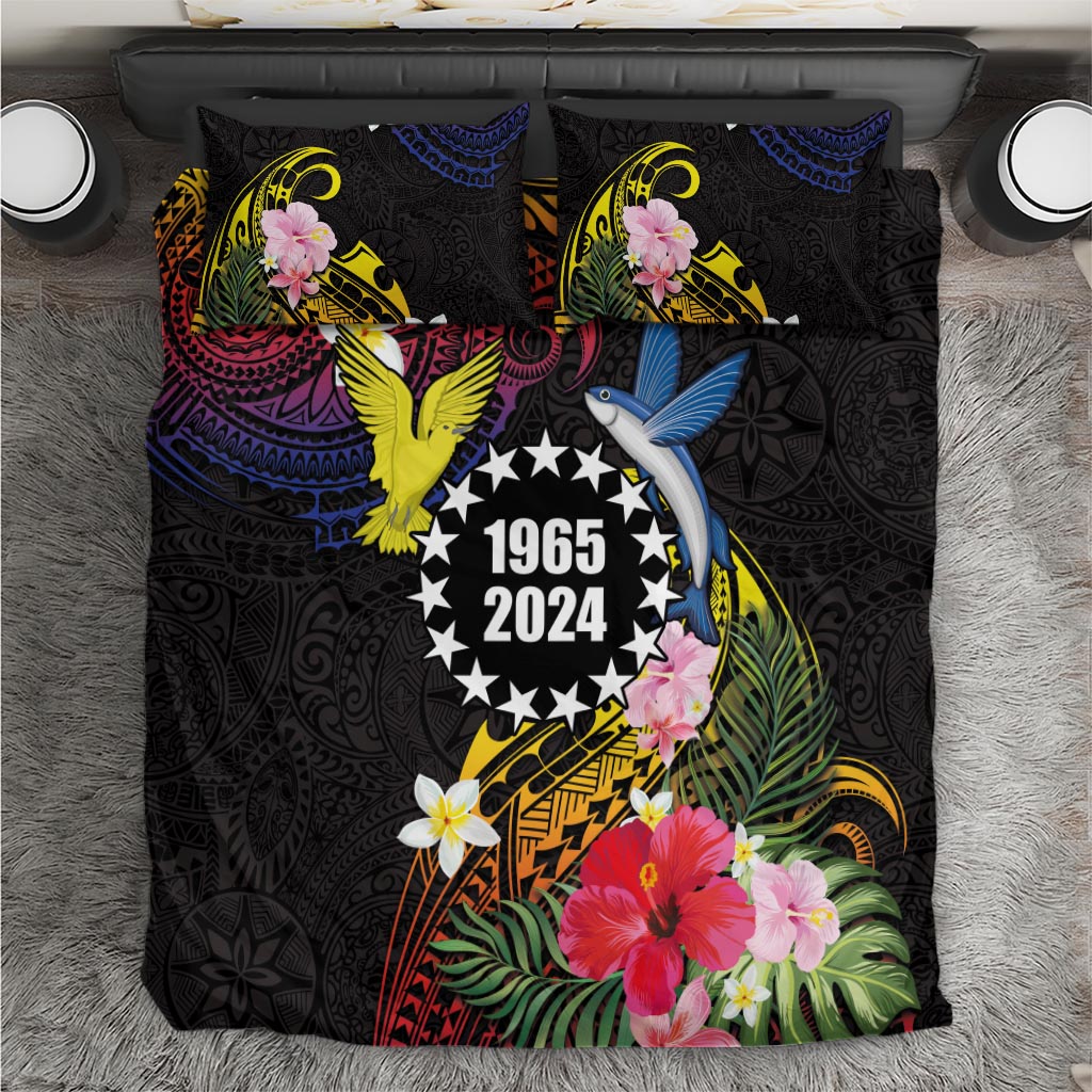 Cook Islands Independence Day Bedding Set Maroro and Kakaia with Hibiscus Flower Polynesian Pattern LT03 Black - Polynesian Pride
