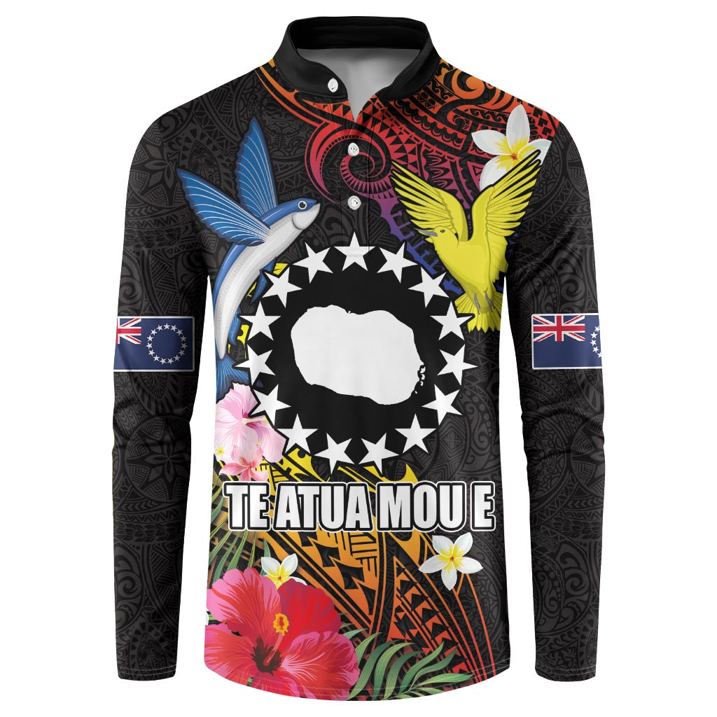 Cook Islands Independence Day Button Sweatshirt Maroro and Kakaia with Hibiscus Flower Polynesian Pattern LT03 Black - Polynesian Pride