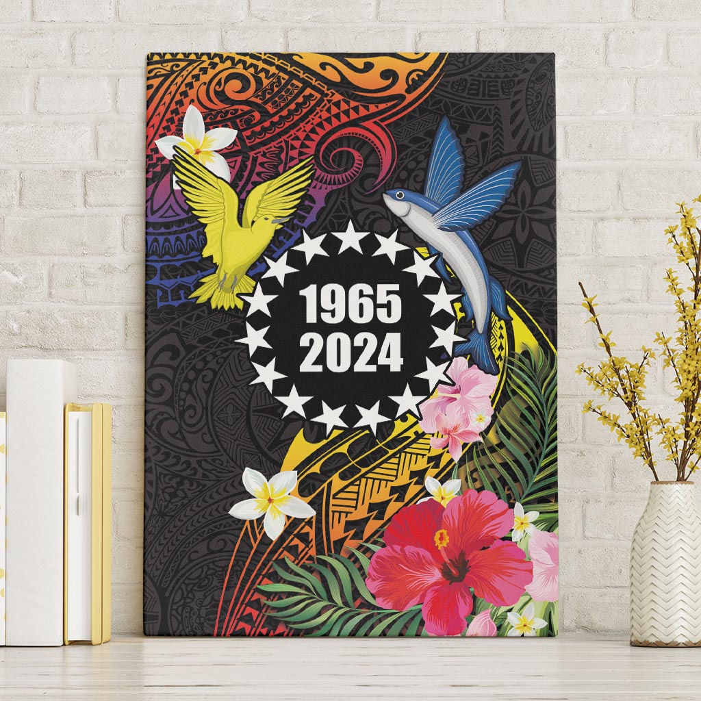 Cook Islands Independence Day Canvas Wall Art Maroro and Kakaia with Hibiscus Flower Polynesian Pattern LT03 Without Frame Black - Polynesian Pride