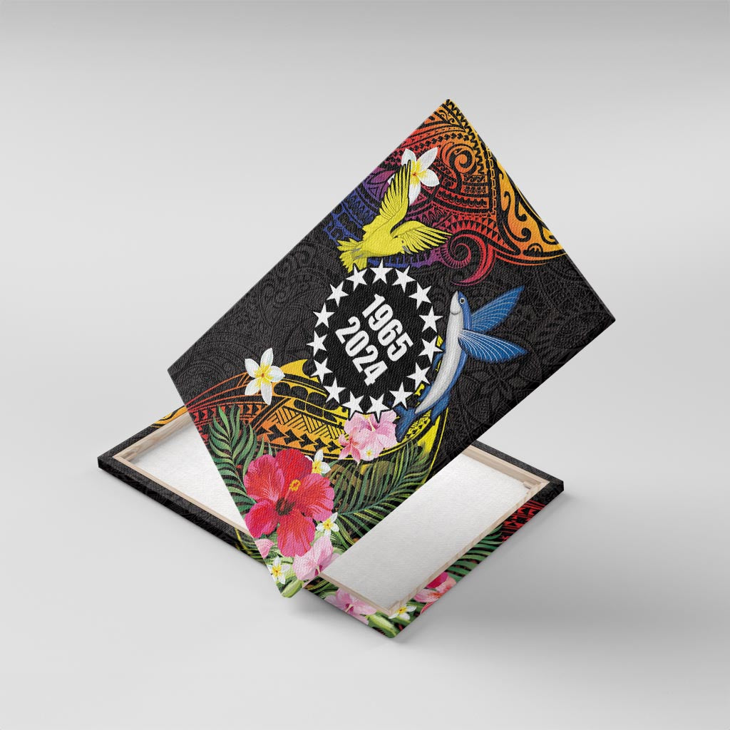 Cook Islands Independence Day Canvas Wall Art Maroro and Kakaia with Hibiscus Flower Polynesian Pattern LT03 With Frame Black - Polynesian Pride