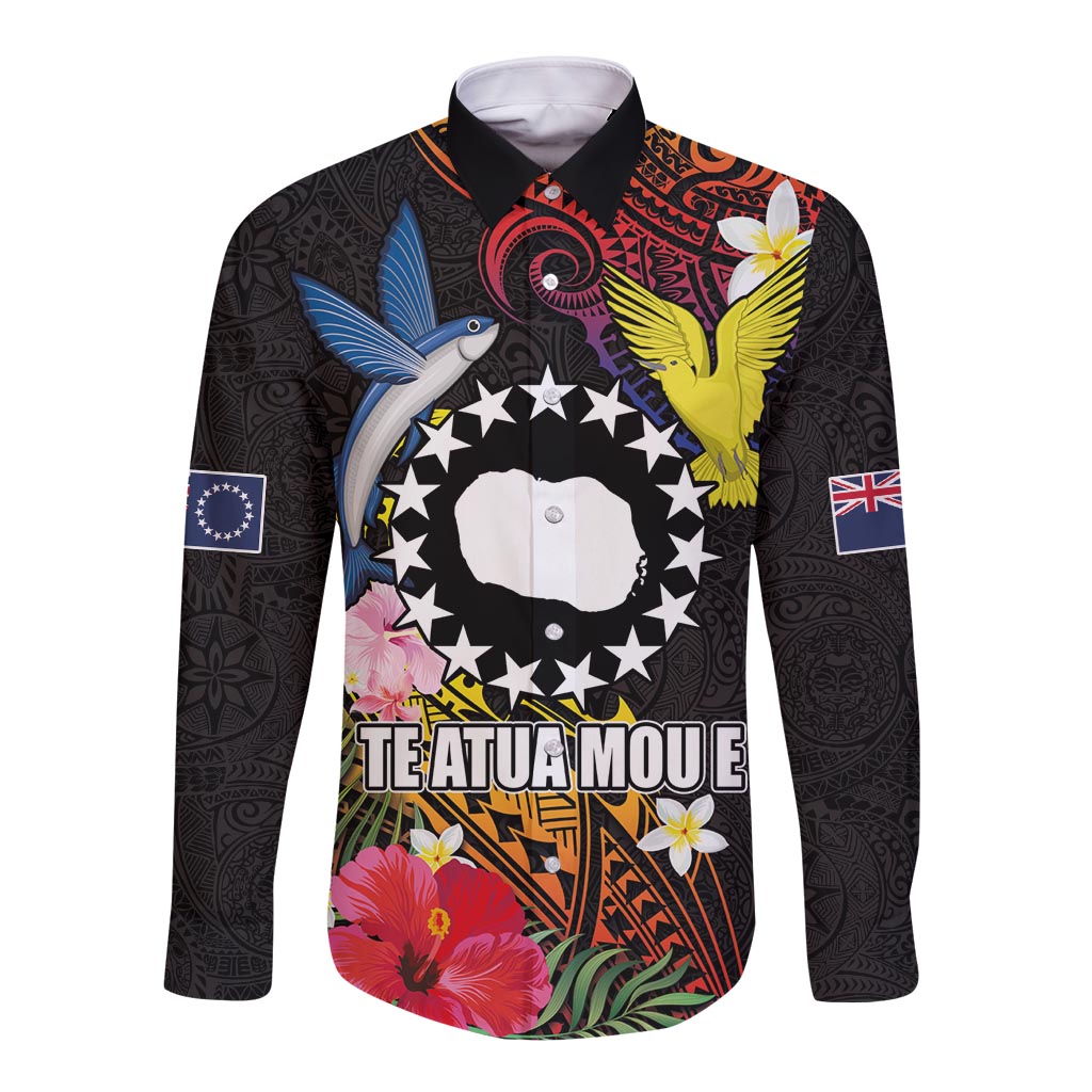 Cook Islands Independence Day Long Sleeve Button Shirt Maroro and Kakaia with Hibiscus Flower Polynesian Pattern LT03 Unisex Black - Polynesian Pride