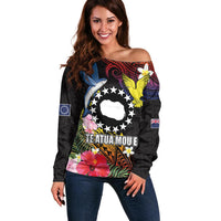 Cook Islands Independence Day Off Shoulder Sweater Maroro and Kakaia with Hibiscus Flower Polynesian Pattern LT03 Women Black - Polynesian Pride