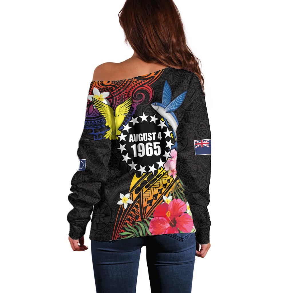 Cook Islands Independence Day Off Shoulder Sweater Maroro and Kakaia with Hibiscus Flower Polynesian Pattern LT03 - Polynesian Pride