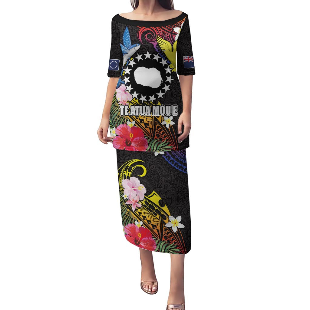 Cook Islands Independence Day Puletasi Maroro and Kakaia with Hibiscus Flower Polynesian Pattern LT03 Long Dress Black - Polynesian Pride