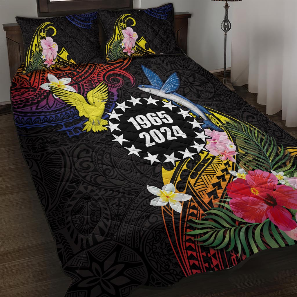 Cook Islands Independence Day Quilt Bed Set Maroro and Kakaia with Hibiscus Flower Polynesian Pattern LT03 Black - Polynesian Pride