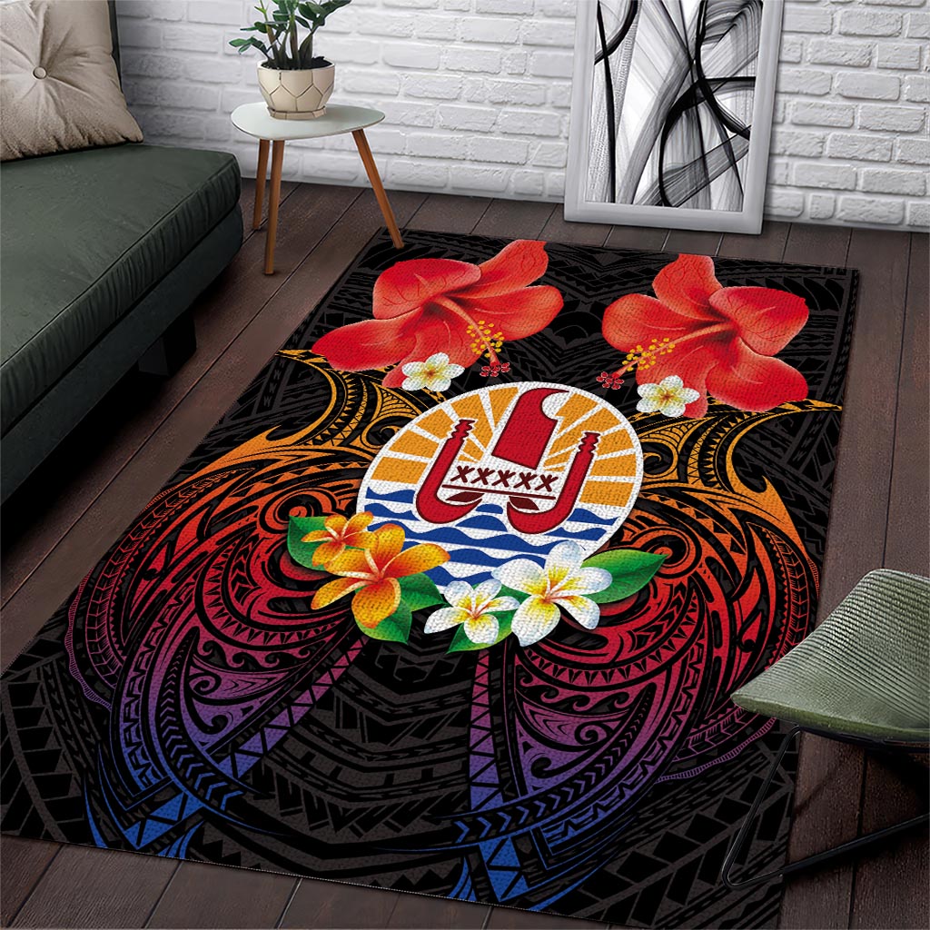 French Polynesia Bastille Day Area Rug Tiare Flower and National Seal Polynesian Pattern LT03 Black - Polynesian Pride