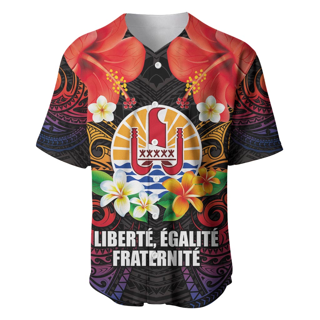 French Polynesia Bastille Day Baseball Jersey Tiare Flower and National Seal Polynesian Pattern LT03 Black - Polynesian Pride