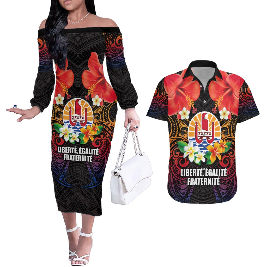 French Polynesia Bastille Day Couples Matching Off The Shoulder Long Sleeve Dress and Hawaiian Shirt Tiare Flower and National Seal Polynesian Pattern