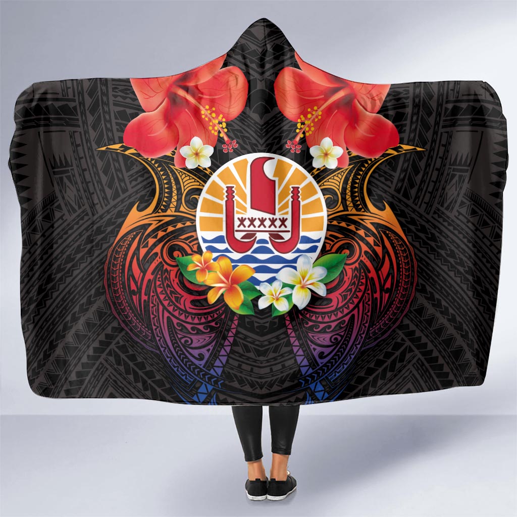 French Polynesia Bastille Day Hooded Blanket Tiare Flower and National Seal Polynesian Pattern