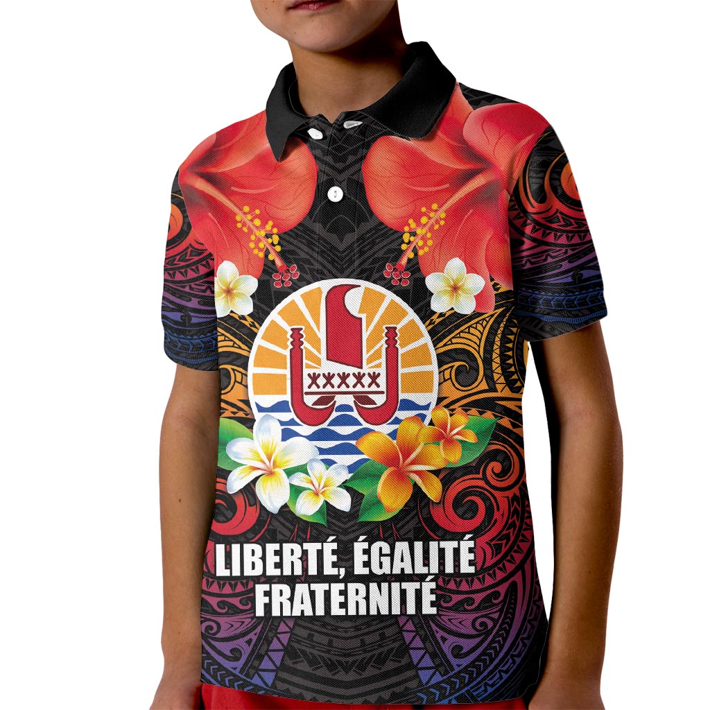 French Polynesia Bastille Day Kid Polo Shirt Tiare Flower and National Seal Polynesian Pattern LT03 Kid Black - Polynesian Pride