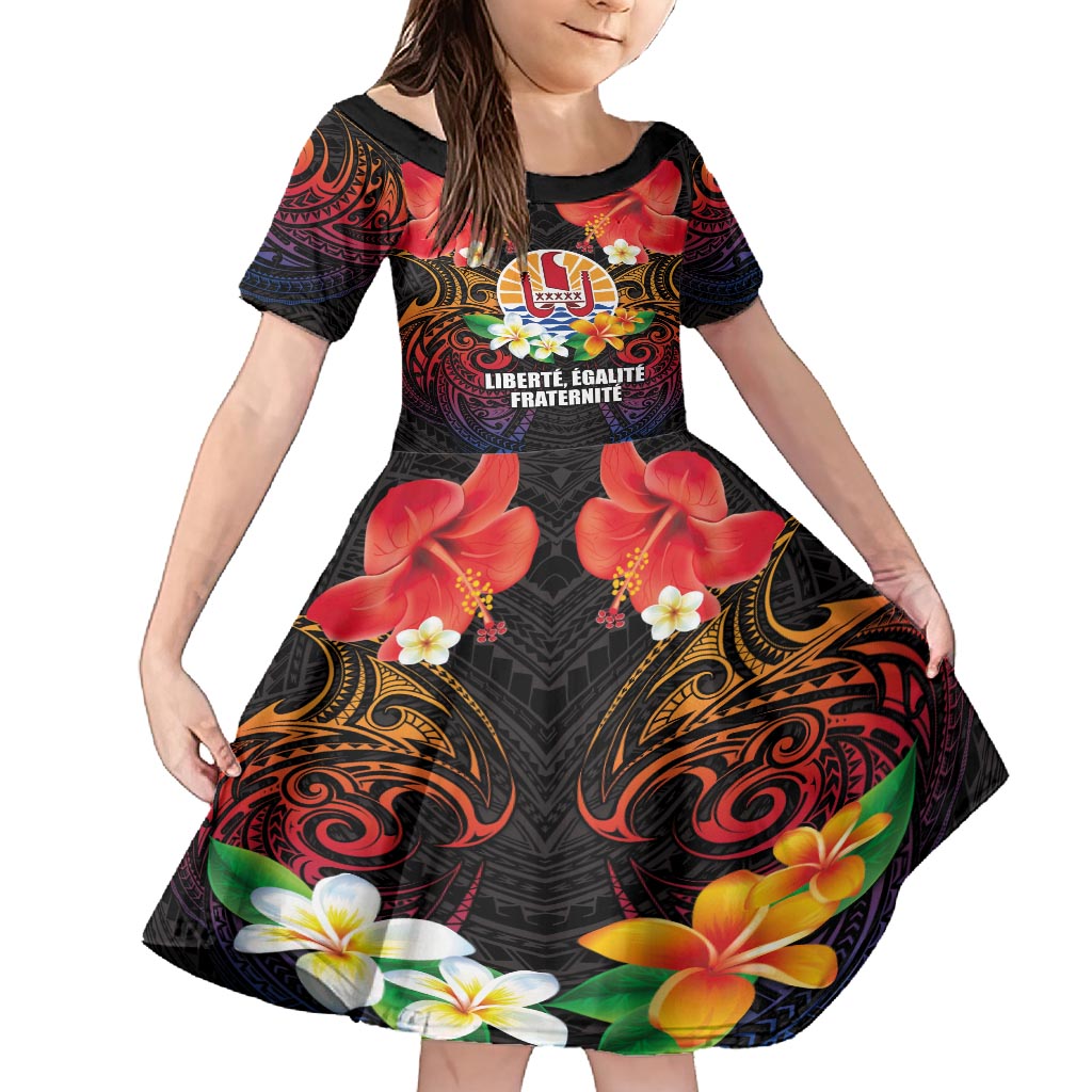 French Polynesia Bastille Day Kid Short Sleeve Dress Tiare Flower and National Seal Polynesian Pattern LT03 KID Black - Polynesian Pride