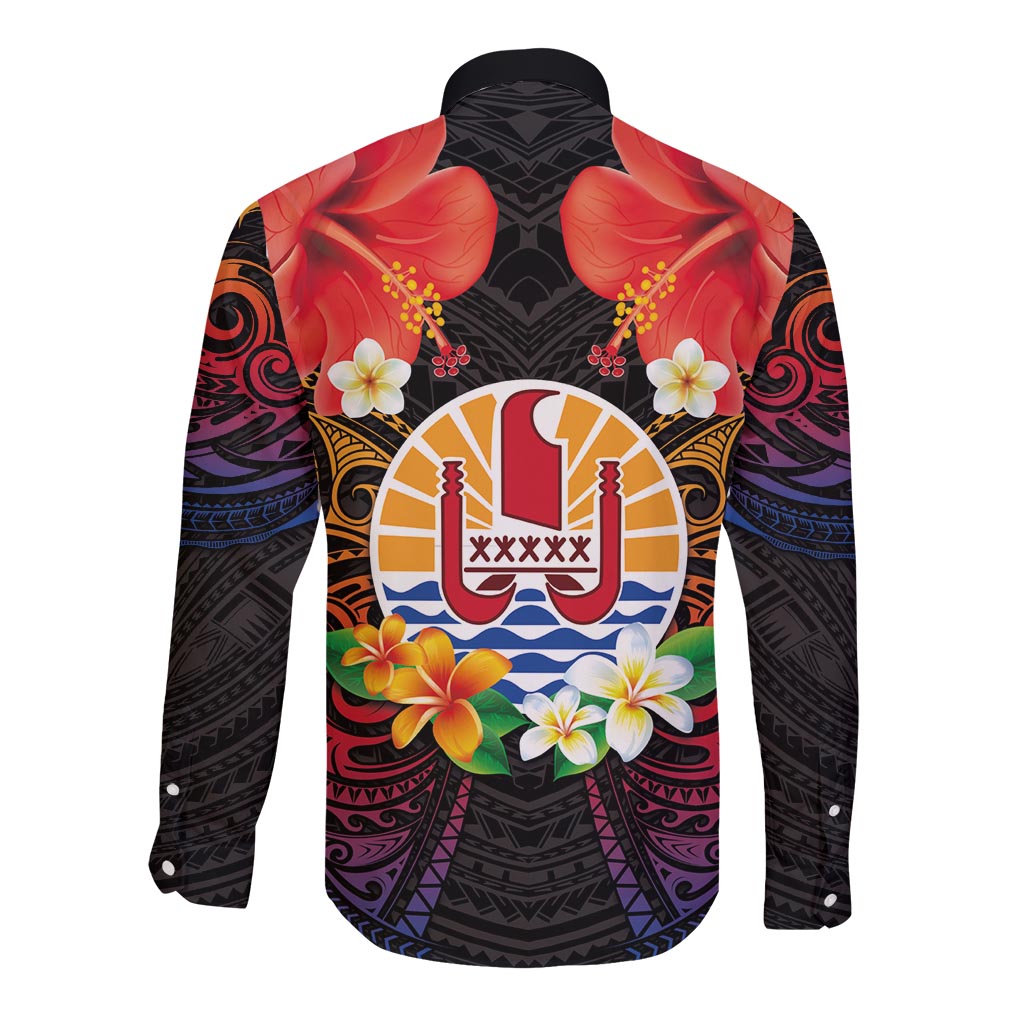 French Polynesia Bastille Day Long Sleeve Button Shirt Tiare Flower and National Seal Polynesian Pattern LT03 - Polynesian Pride