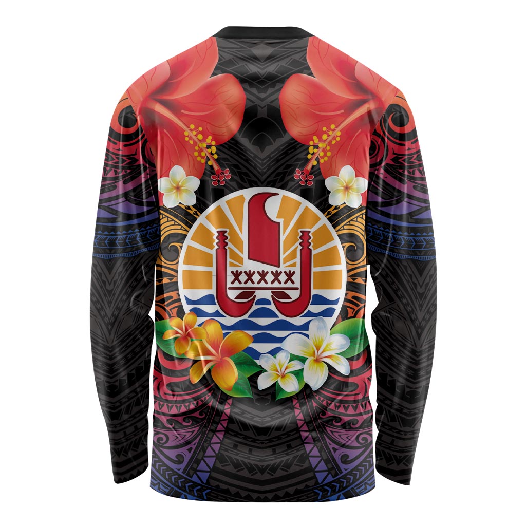 French Polynesia Bastille Day Long Sleeve Shirt Tiare Flower and National Seal Polynesian Pattern LT03 - Polynesian Pride
