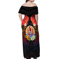 French Polynesia Bastille Day Off Shoulder Maxi Dress Tiare Flower and National Seal Polynesian Pattern LT03 - Polynesian Pride