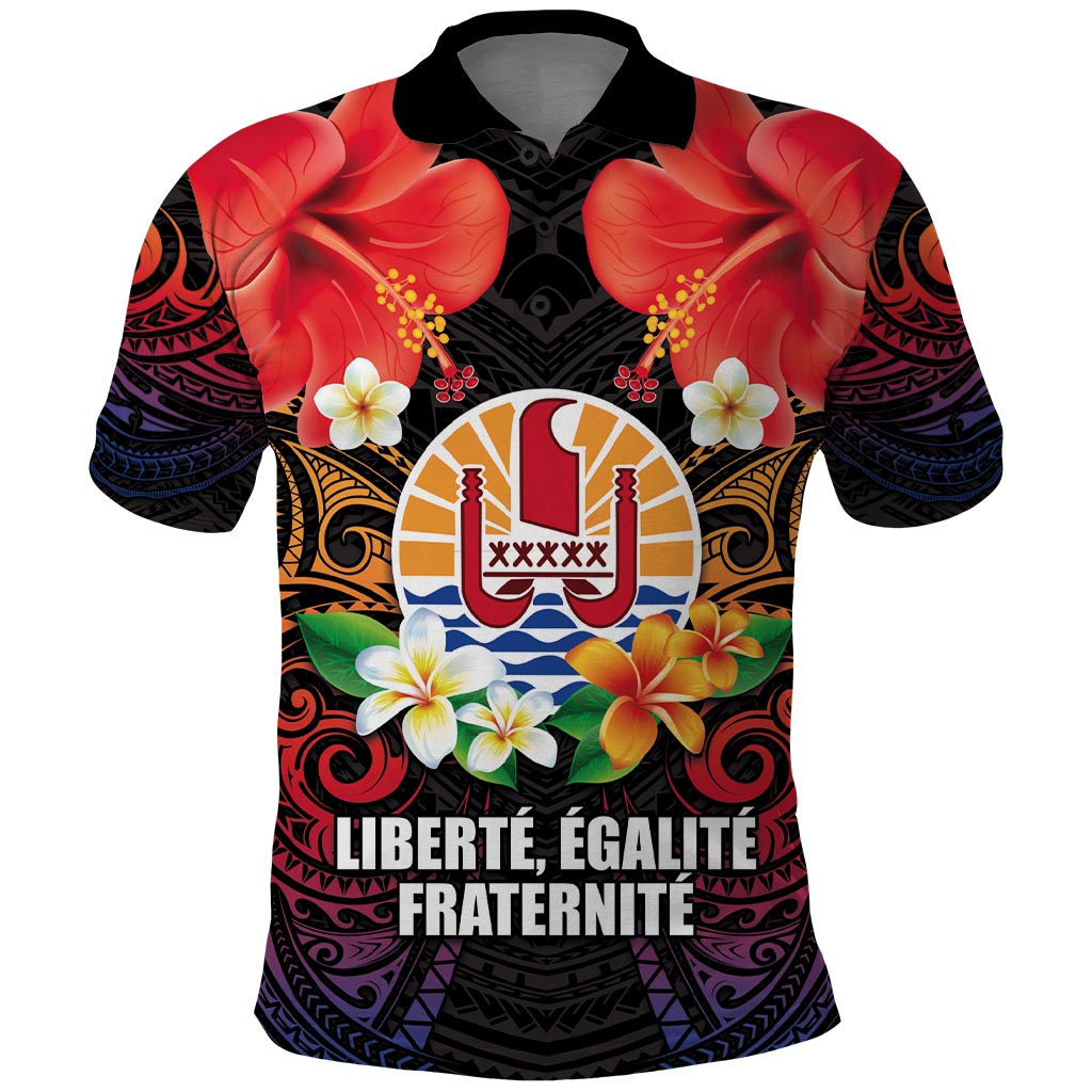 French Polynesia Bastille Day Polo Shirt Tiare Flower and National Seal Polynesian Pattern LT03 Black - Polynesian Pride