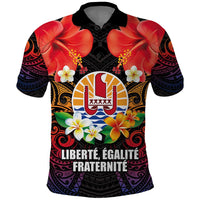 French Polynesia Bastille Day Polo Shirt Tiare Flower and National Seal Polynesian Pattern LT03 Black - Polynesian Pride