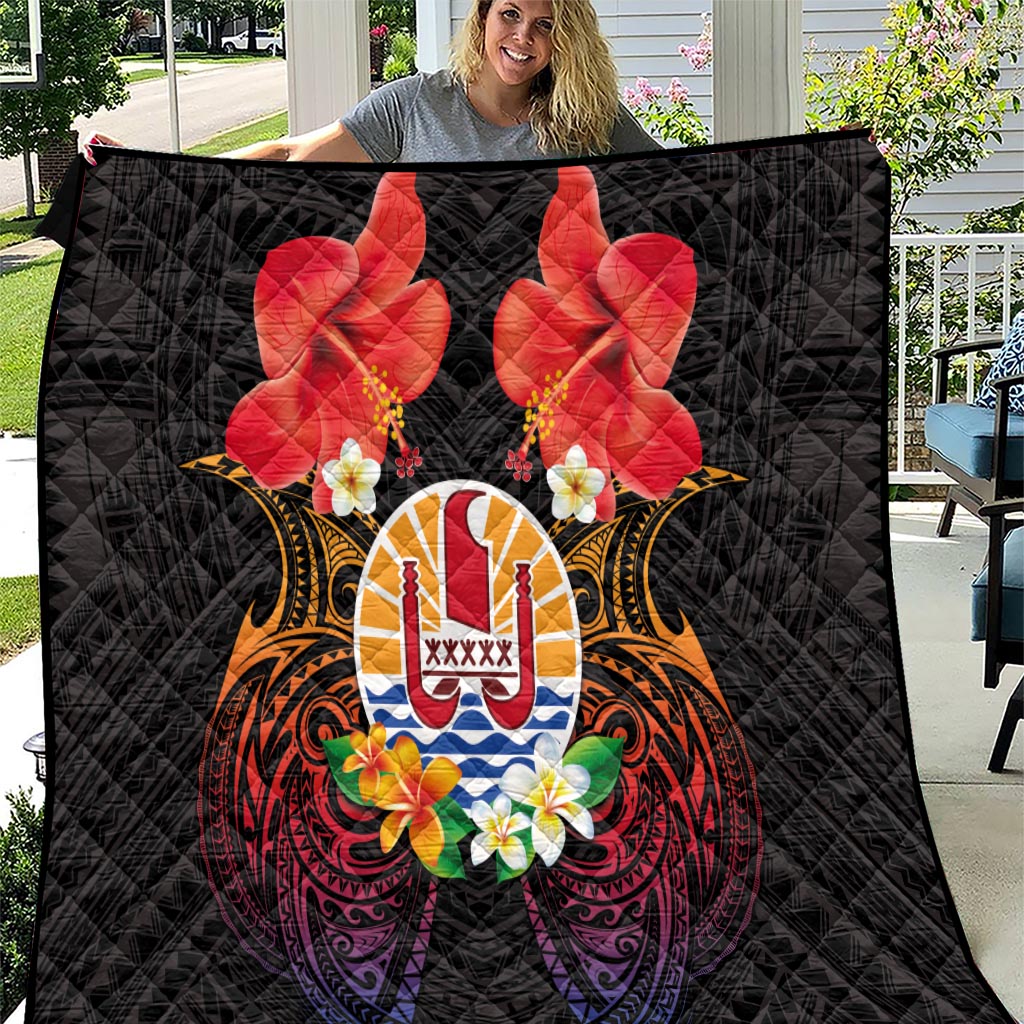 French Polynesia Bastille Day Quilt Tiare Flower and National Seal Polynesian Pattern LT03 Black - Polynesian Pride