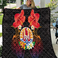 French Polynesia Bastille Day Quilt Tiare Flower and National Seal Polynesian Pattern LT03 Black - Polynesian Pride