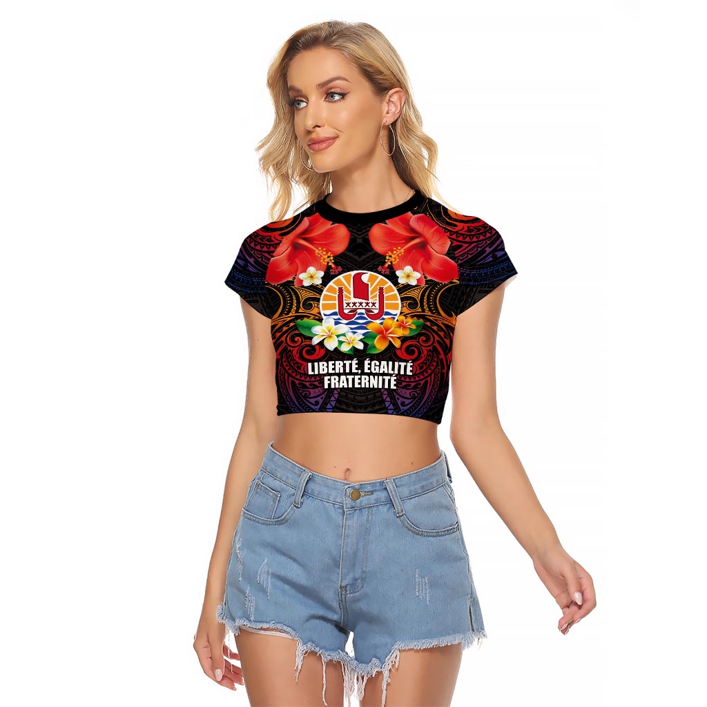 French Polynesia Bastille Day Raglan Cropped T Shirt Tiare Flower and National Seal Polynesian Pattern LT03 Female Black - Polynesian Pride