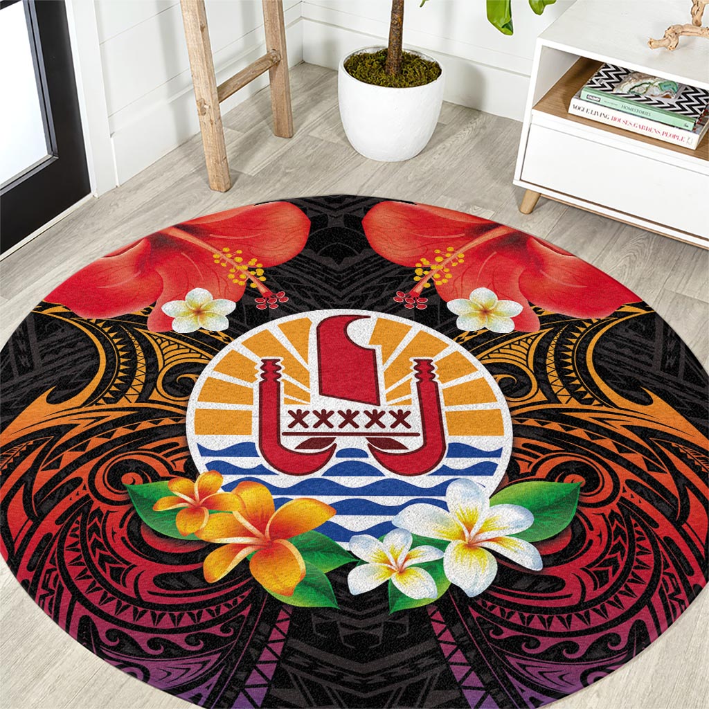 French Polynesia Bastille Day Round Carpet Tiare Flower and National Seal Polynesian Pattern LT03 Black - Polynesian Pride