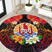 French Polynesia Bastille Day Round Carpet Tiare Flower and National Seal Polynesian Pattern LT03 Black - Polynesian Pride