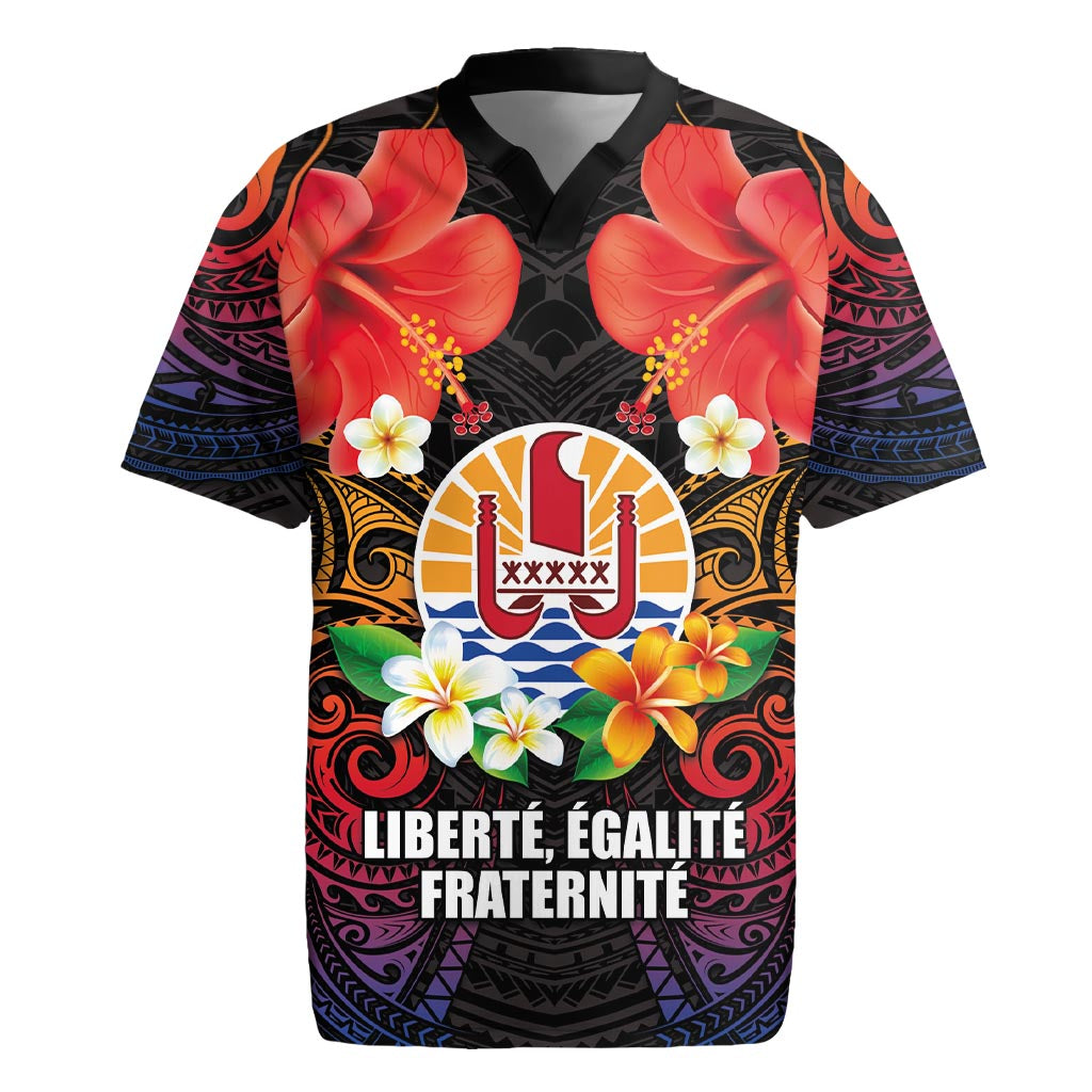 French Polynesia Bastille Day Rugby Jersey Tiare Flower and National Seal Polynesian Pattern LT03 Black - Polynesian Pride