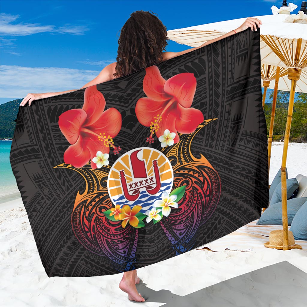 French Polynesia Bastille Day Sarong Tiare Flower and National Seal Polynesian Pattern LT03 One Size 44 x 66 inches Black - Polynesian Pride
