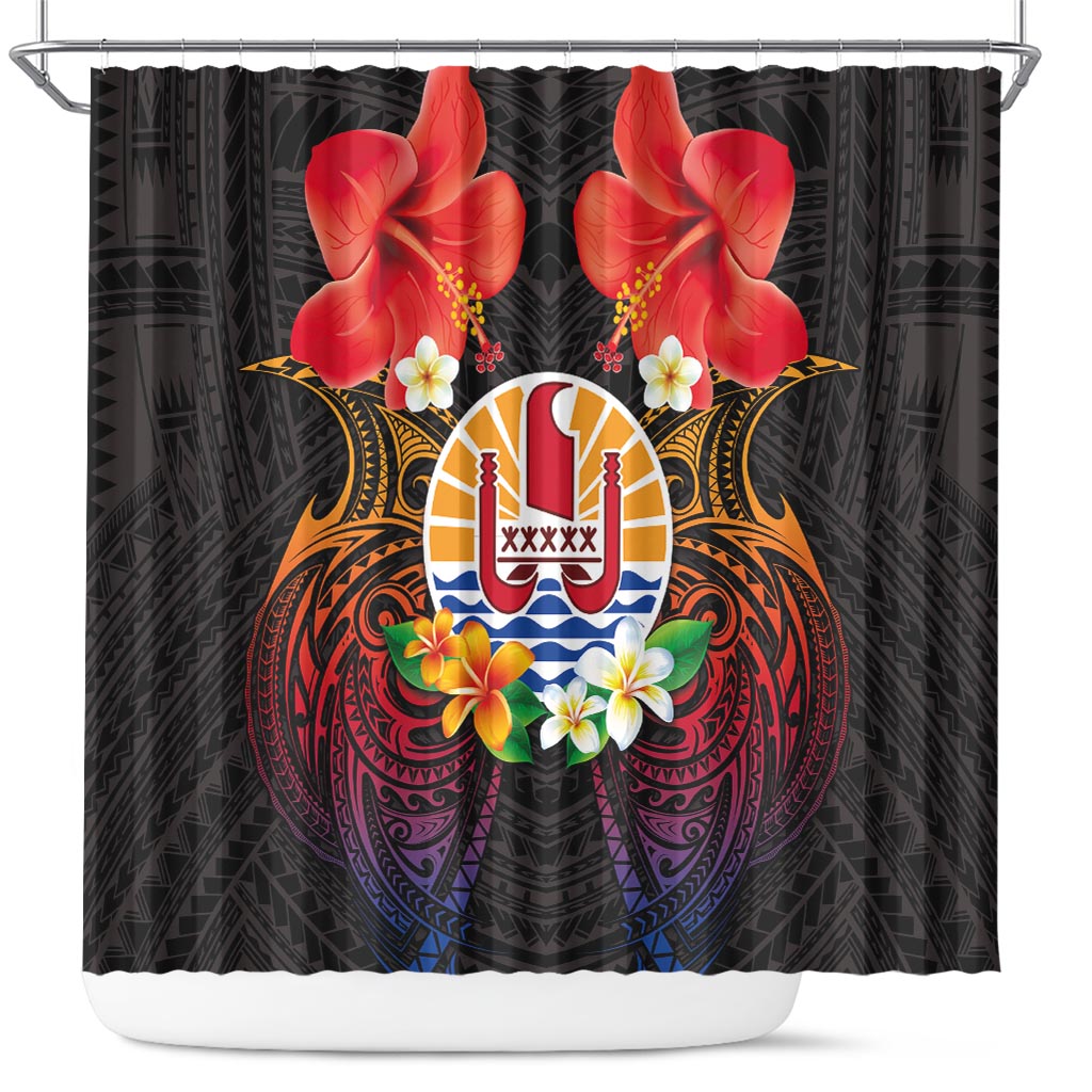 French Polynesia Bastille Day Shower Curtain Tiare Flower and National Seal Polynesian Pattern LT03 Black - Polynesian Pride