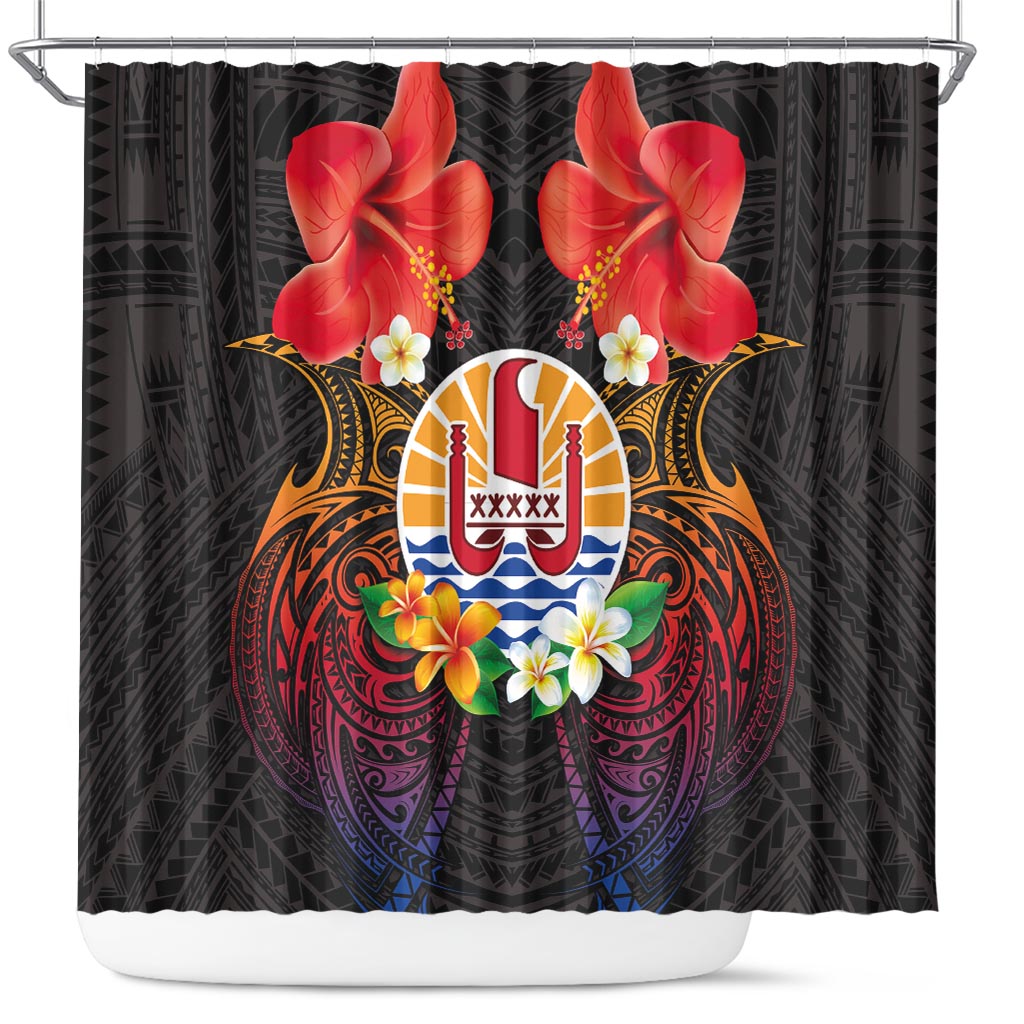 French Polynesia Bastille Day Shower Curtain Tiare Flower and National Seal Polynesian Pattern
