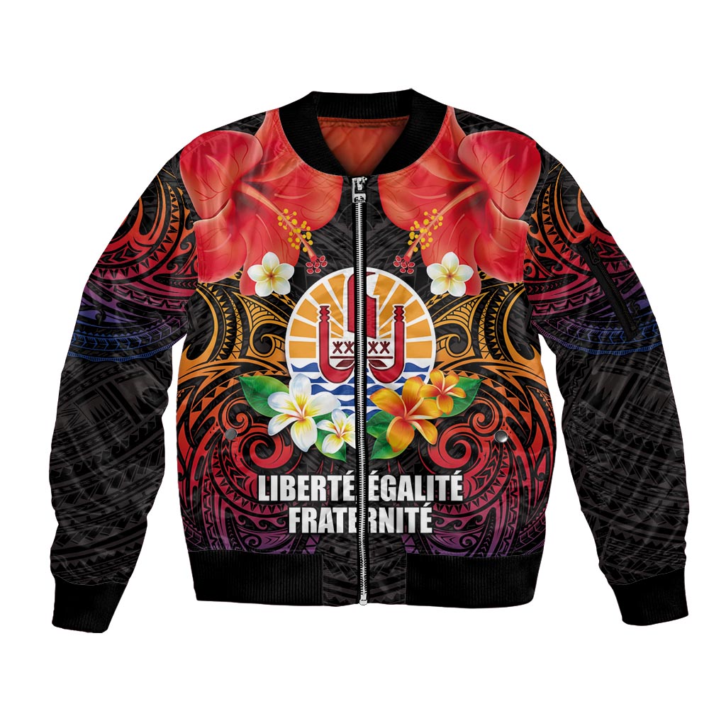 French Polynesia Bastille Day Sleeve Zip Bomber Jacket Tiare Flower and National Seal Polynesian Pattern LT03 Unisex Black - Polynesian Pride