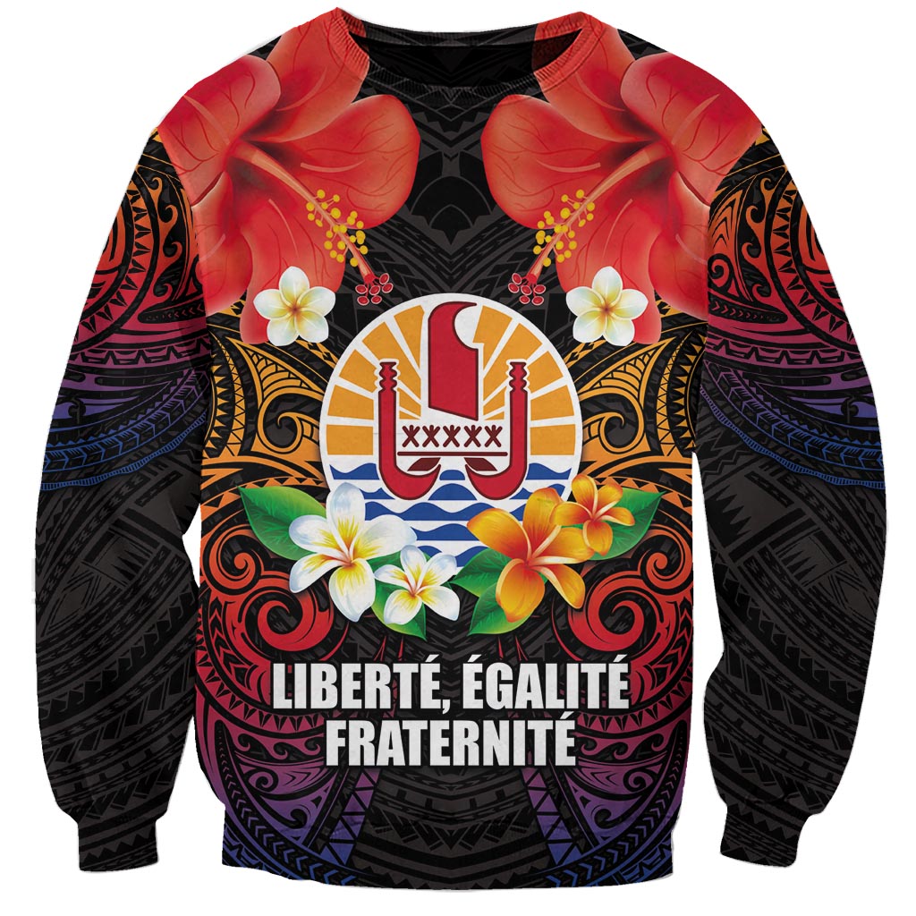 French Polynesia Bastille Day Sweatshirt Tiare Flower and National Seal Polynesian Pattern LT03 Unisex Black - Polynesian Pride