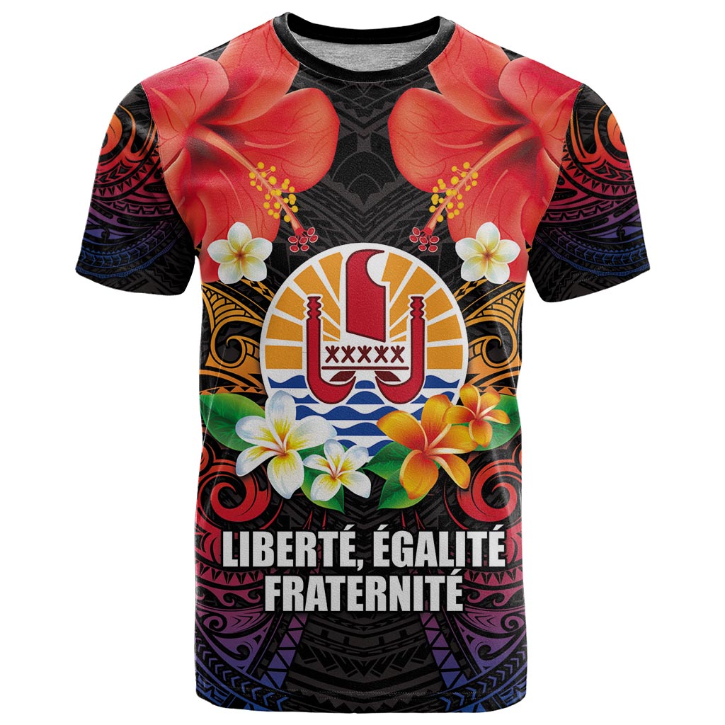 French Polynesia Bastille Day T Shirt Tiare Flower and National Seal Polynesian Pattern LT03 Black - Polynesian Pride
