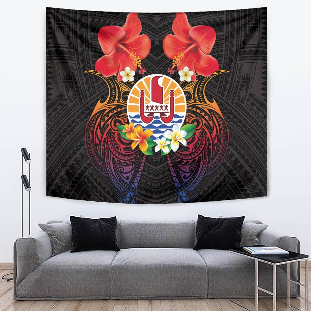 French Polynesia Bastille Day Tapestry Tiare Flower and National Seal Polynesian Pattern LT03 Black - Polynesian Pride