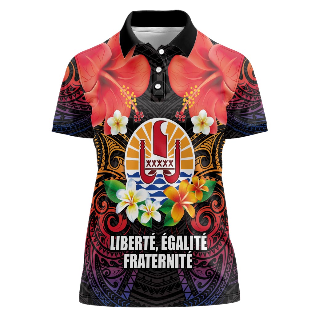 French Polynesia Bastille Day Women Polo Shirt Tiare Flower and National Seal Polynesian Pattern LT03 Female Black - Polynesian Pride