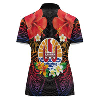 French Polynesia Bastille Day Women Polo Shirt Tiare Flower and National Seal Polynesian Pattern LT03 - Polynesian Pride