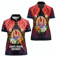 French Polynesia Bastille Day Women Polo Shirt Tiare Flower and National Seal Polynesian Pattern LT03 - Polynesian Pride