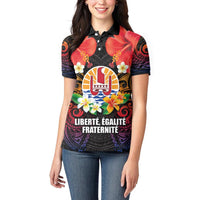 French Polynesia Bastille Day Women Polo Shirt Tiare Flower and National Seal Polynesian Pattern LT03 - Polynesian Pride