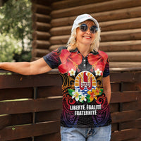 French Polynesia Bastille Day Women Polo Shirt Tiare Flower and National Seal Polynesian Pattern LT03 - Polynesian Pride