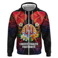 French Polynesia Bastille Day Zip Hoodie Tiare Flower and National Seal Polynesian Pattern LT03 Zip Hoodie Black - Polynesian Pride