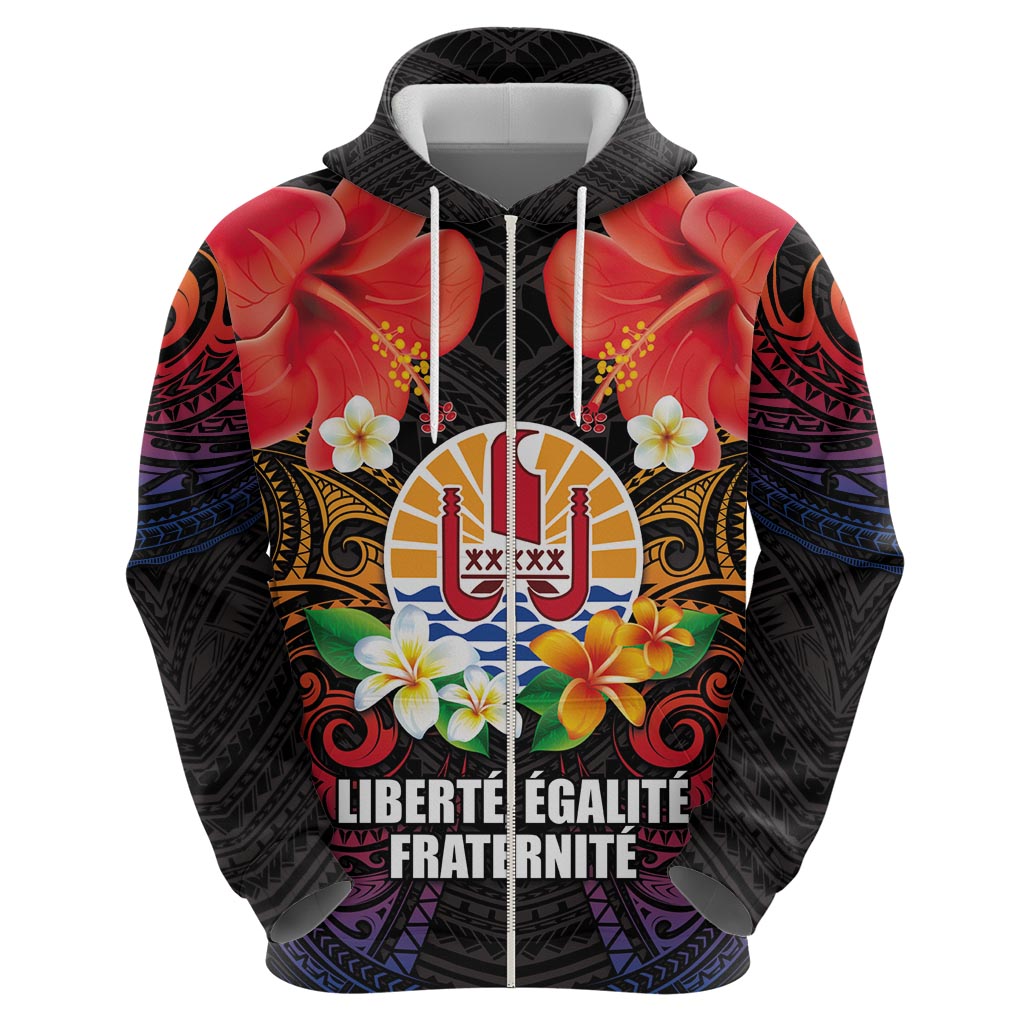 French Polynesia Bastille Day Zip Hoodie Tiare Flower and National Seal Polynesian Pattern LT03 - Polynesian Pride