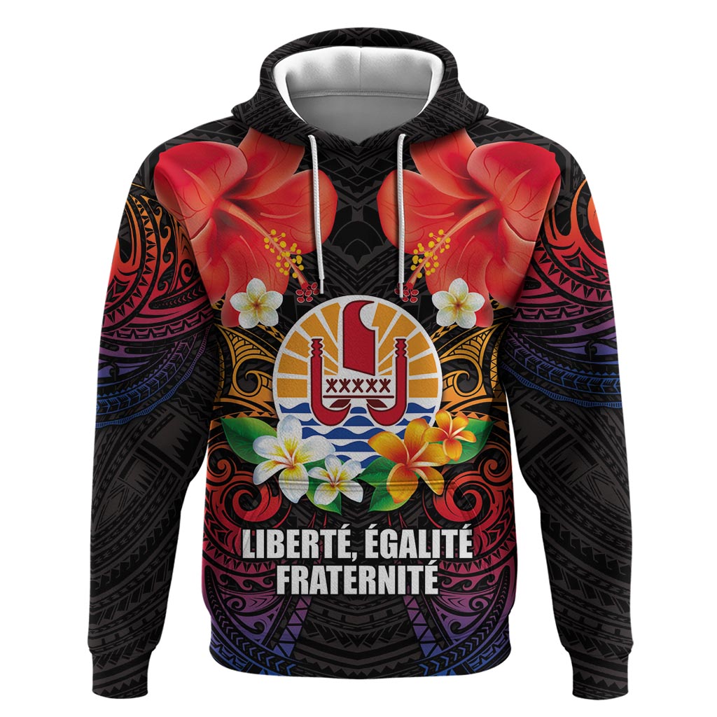 French Polynesia Bastille Day Zip Hoodie Tiare Flower and National Seal Polynesian Pattern LT03 Pullover Hoodie Black - Polynesian Pride